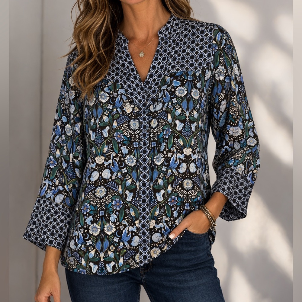 Vera Bradley Blue and Brown Geometric Top